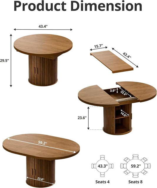 43"-59" Extendable Round Dining Table with Hidden Storage, Modern Wooden Kitchen Table with Fluted Sliding Door Cabinet, Oval Dining Table for Dining Room Living Room, Walnut