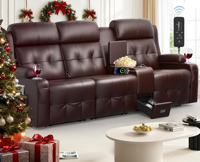 Loveseat Recliner Sofa, Home Theater Seating with Massage, 3 Seat Reclining Loveseats with Console, Wall Hugger RV Couch Movie Theater Chairs, RV Furniture Sofas with USB, Cup Holders for Gaming Room