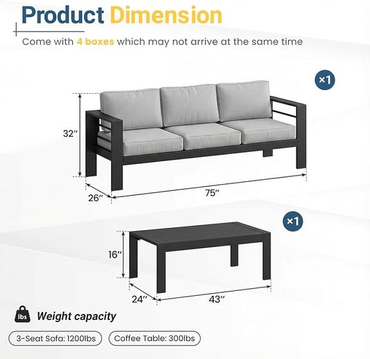 Solaste Aluminum Patio Furniture Set for All Weather, Oversized Metal Outdoor Furniture Set with 27.5" Deep Seating and 3.2" Wide Armrest, Outdoor Patio Sofa with 10" Back Suport Cushion