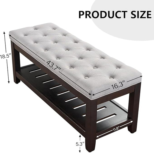 adochr Linen Large Rectangular Ottoman with Storage, Upholstered Entryway Bench for Living Room, Oversized Button Tufted Ottoman with Wood Shelf Storage, Light Grey