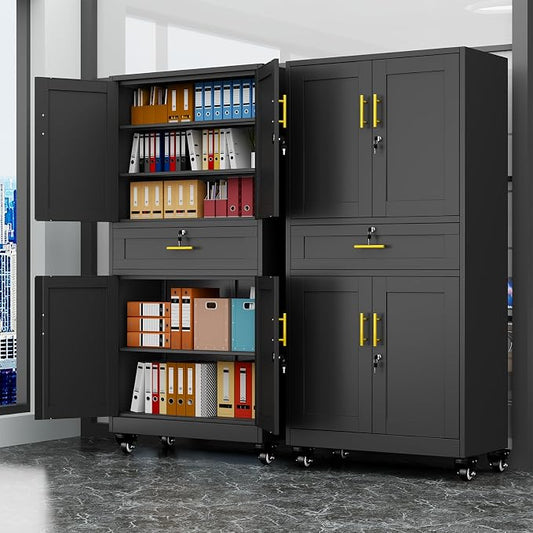 Lockable Metal Storage Cabinet, 71" Tall Black Cabinet with Wheels | Garage Storage Cabinet with Drawers, 3 Adjustable Shelves and Lock, Steel Construction – Suitable for Office, Home, School