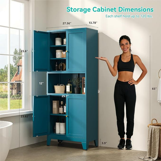69" Tall Pantry Cabinet with Open Shelf,13.78“Deep By 28" Wide Storage Cabinet with Doors and Adjustable Shelves,Microwave Stand,for Kitchen Dining Room Living Room Bathroom,Teal Blue,1Pc