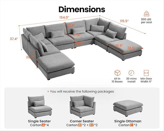 154" Oversized Chenille Couch Modular Sectional Sofa, Washable Cloud Couch Sectional with 4 Ottoman, 8 Seater Sectional Couches for Living Room, Fully Cover Removable, Sleeper Sofa, Chenille, Grey