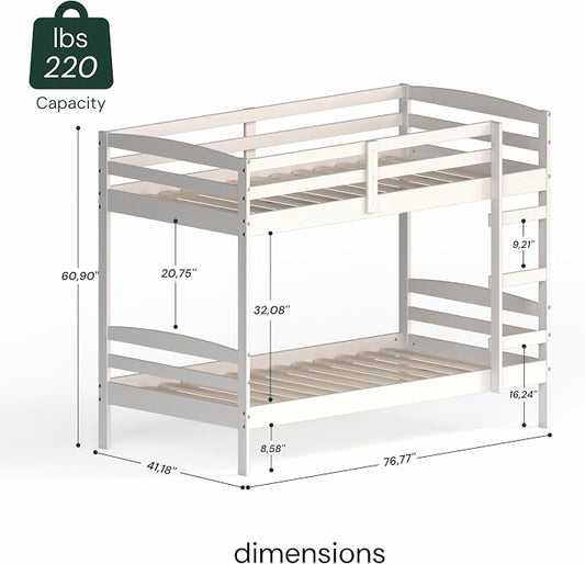 From the Tree Furniture Twin Over Twin Bunk Bed for Kids — Solid Pine Wood with Full-Length Safety Rails & Hang-On Ladder — 220 lbs Per Bunk · ASTM F1427 + 16 CFR 1213 Certified — Space-Saving Design