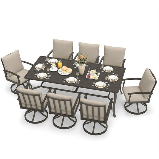 HAPPATIO Aluminum 9 Piece Patio Dining Set, Outdoor Swivel Dining Chairs and Dining Table, Aluminum Outdoor Dining Set for 8, Patio Dining Furniture with Washable Cushions (Black)