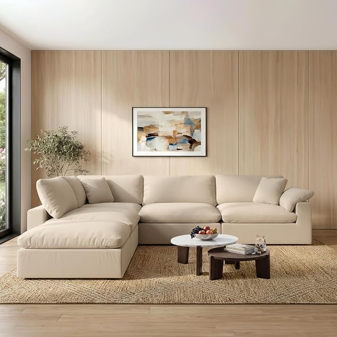 143" Cloud Modular Sectional Sofa,Khaki Down Filled Sofa 4 Seat with Chaise,Minimalist Sofa Cover Washable and Replaceable Couches for Living Room,Sectional Sofa Deep Seat