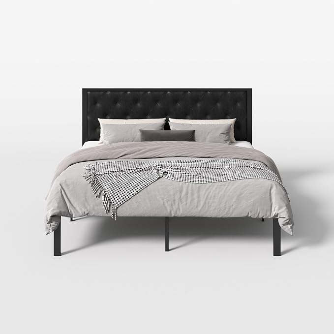 SHA CERLIN King Size Metal Bed Frame with PU Tufted Headboard, Black | Modern Design Heavy-Duty Platform Bed, No Box Spring Need, PU Leather Upholstery, Noise Free, Easy Assembly