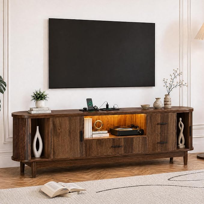 Haewon 63" Mid Century Modern TV Stand for TVs up to 75 Inch, Wood Entertainment Center with LED Lights and Power Outlet, Modern TV Console with Fluted Sliding Doors for Living Room, Walnut