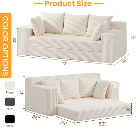 Boneless Couch 70 inch, 3 Seater Couch with Pull Out Bed, Boneless Loveseat Oversize Beige Futon Couch Floor Bed with 5 Pillows for Living Room Bedroom Lounge Small Space