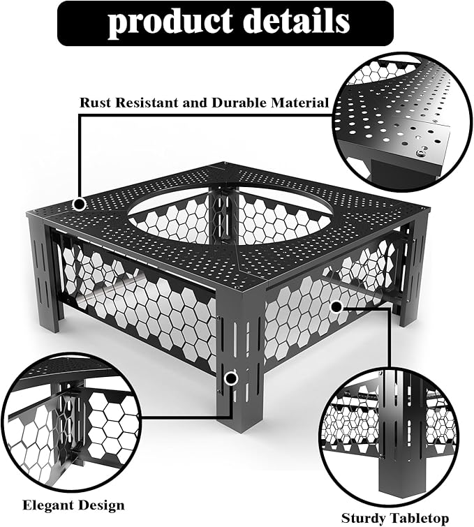 Fire Pit Surround Tabletop for Solo Stove Yukon, Accessories for Solo Stove, Large Surround Table for Stove with Diameter Less Than 27", Square Metal Black