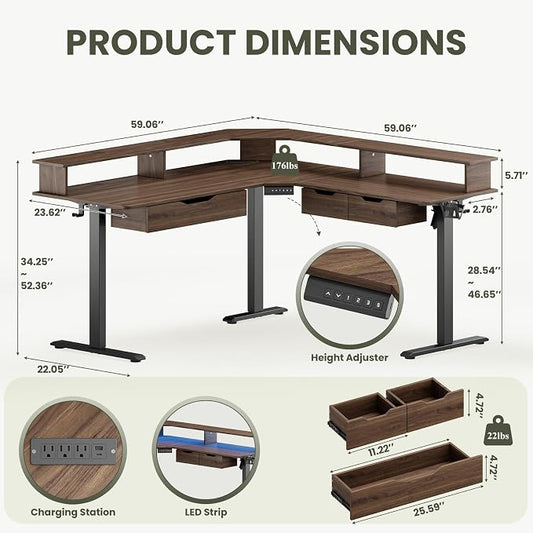 MALOL 59" L Shaped Electric Standing Desk with Drawers, Height Adjustable Desk with Power Outlets & LED Lights, Monitor Stand, Corner Computer Desk for Home Office, Walnut