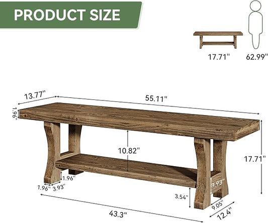 Solid Wood Entryway Bench, 55" End of Bed Bench, Long Indoor Dining Seat for Hallway, Bedroom, Living Room, Dining Room, Easy Assembly, Dark Brown