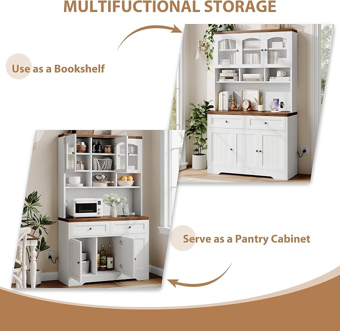 Garvee 71" Pantry Cabinet with Charging Station, Tall Kitchen Pantry Storage Cabinet with Microwave Stand, Farmhouse Kitchen Hutch with Storage Drawers for Living Room, Dining Room, White