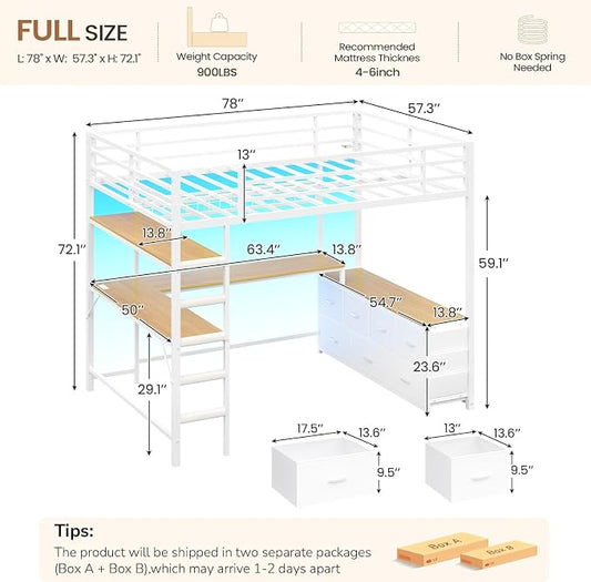 DICTAC Loft Bed Full Size with U-Shaped Desk,7 Storage Drawers and Charging Station,Metal Full Loft Bed with Led Lights and 2-tier Storage Shelves,loft full bed with Safety Guardrail and Ladders,White