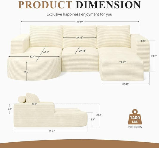 Boneless Couches for Living Room with Chaise,104" Modular Sectional Sofa with Convertible Ottoman,Cozy Cloud Couch with U-Shaped,Sponge Compression Sofas in a Box,No Assembly Required(Beige) 1pcs