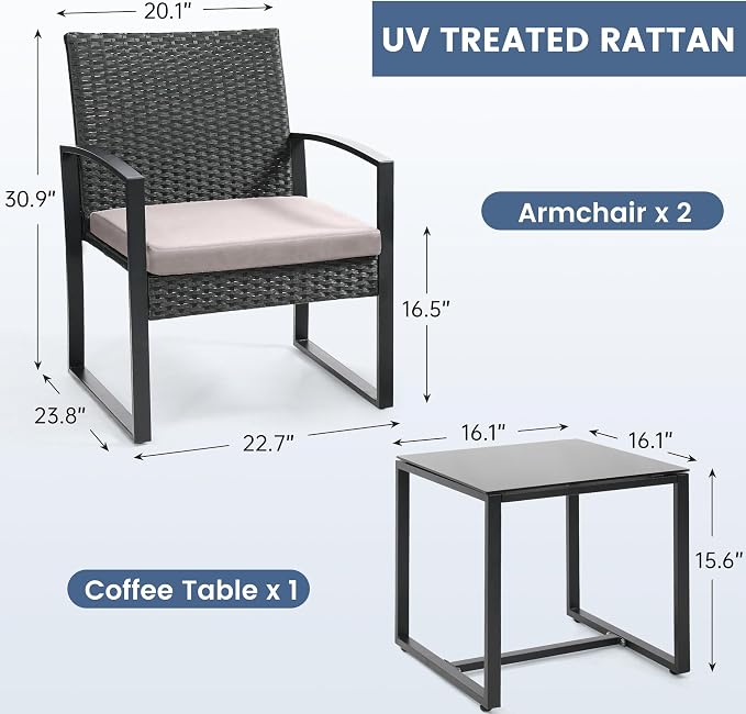 Murago 3 Piece Wicker Patio Bistro Set, Rattan Conversation Set with Coffee Table, for Balcony, Porch, Garden, Yard, Poolside, Black Frame with Grey Cushion
