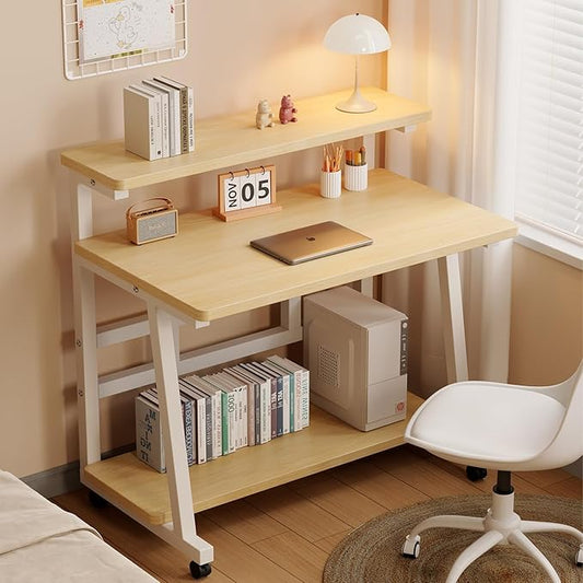 Rolling Computer Desk, 39.4 Inch Small Desks For Small Space, Portable Small Computer Desk with Monitor Stand & 3-Tier Storage, Portable Desk on Wheels for Writing, Home Office, Small Desk for Bedroom