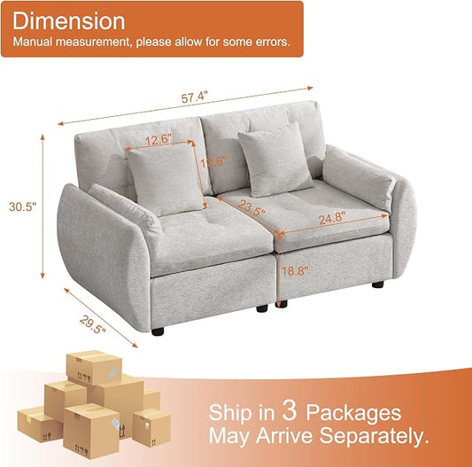 57" Modular Loveseat Cloud Sofa, Deep Seat Tufted Chenille Sectional Love Seat Couch with Curved Arms, 2-Seater Couches for Living Room, Light Grey