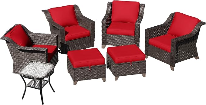 7 Pieces Patio Conversation Furniture Set - 2 Armchairs, 2 Ottomans, 2 Swivel Chairs, 1 Side Table, Outdoor Wicker Furniture with Removable Cushions for Porch, Balcony, Sunroom (Red)