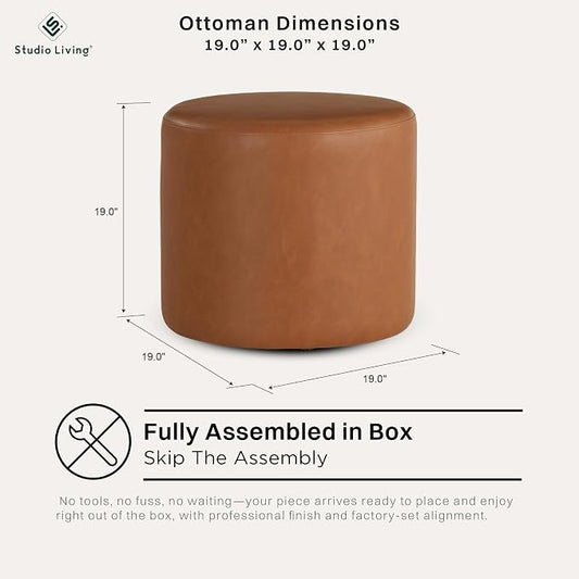 Lifestyle Solutions 19” Wentworth Ottoman Round Faux Leather Bench, Stationary Ottomans, Backless Chair, Footrest for Living Room, Footstool Office, Bedroom, Padded Seat, Caramel Brown