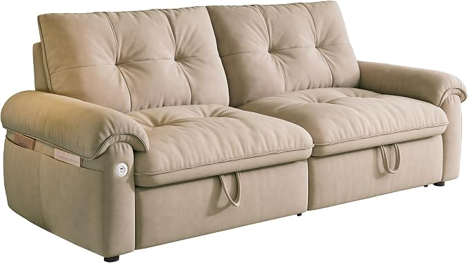 77.2'' Pull Out Couch Full Size, Pre-assembled Sleeper Sofa Bed, Flannel Convertible Futon Sofa Bed with Adjustable Backrest, USB, Side Pocket, Loveseat for Living Room, Apartment, Light Brown