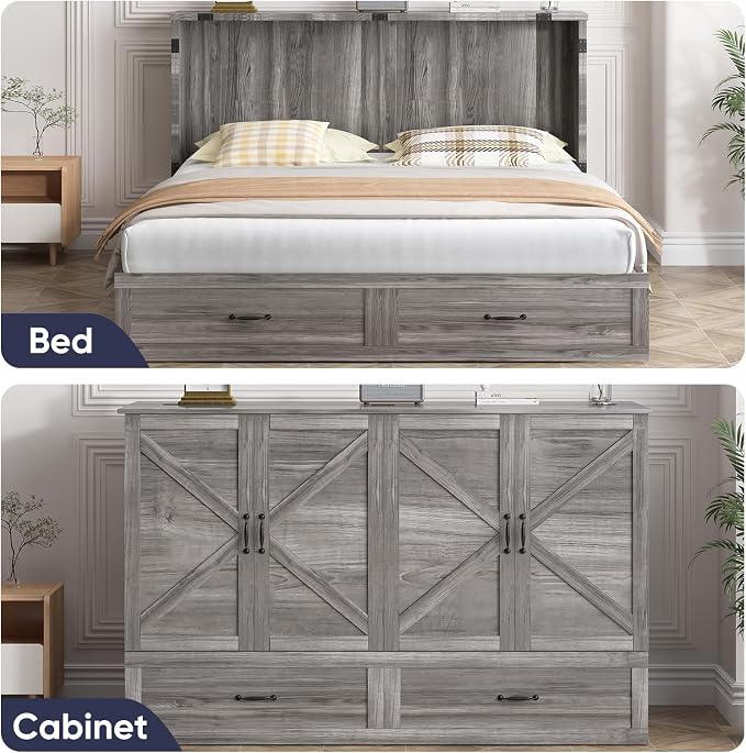 ijuicy Queen Murphy Cabinet Bed, with Mattress, Storage & Charge, Grey | Queen Murphy Bed Built-in multifunctional charging station & storage drawers, space-saving foldaway design for guest room.