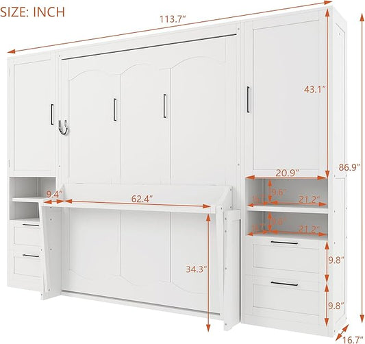 Merax Queen Size Murphy Bed with Desk, Closet, Drawers and Shelves, Fold into the Wall, Space-Saving Foldable Wood Platform Bed Frame for Small Spaces Studio Study Office Guest Room, White