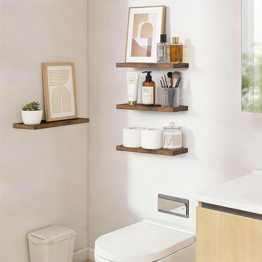 BAYKA Floating Shelves for Wall, 15.7in Wall Mounted Rustic Wood Shelves for Bathroom, Bedroom, Living Room, Kitchen, Hanging Shelf for Storage/Room Decor with 22lbs Capacity (Rustic Brown, Set of 4)