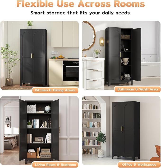 Zevemomo 61" H Metal Kitchen Pantry Cabinet, Freestanding Cupboard with 2 Doors and 3 Adjustable Shelves, Tall Metal Storage Cabinet for Kitchen, Bathroom, Dinning Room or Laundry Room (Black)