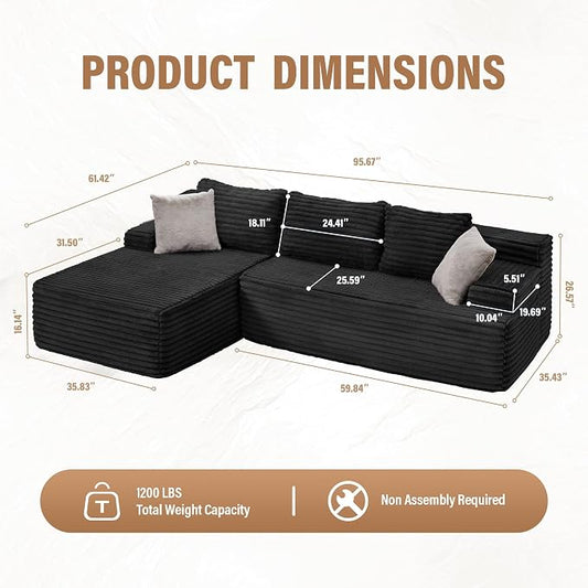Hobestluk Boneless Couch Modular Sectional Sofa L-Shape Cloud Couch Lounge | 96" Left Facing Chaise Black,Memory Foam,Removable Cover,Non-slip Bottom,No Assemble Required,Furniture for Small Home