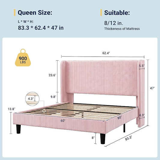 Allewie Queen Size Bed Frame with Upholstered Wingback Headboard, Vertical Channel Tufted Corduroy Velvet Platform Bed, Strong Wooden Slats Support, No Box Spring Needed, Easy Assembly, Light Pink
