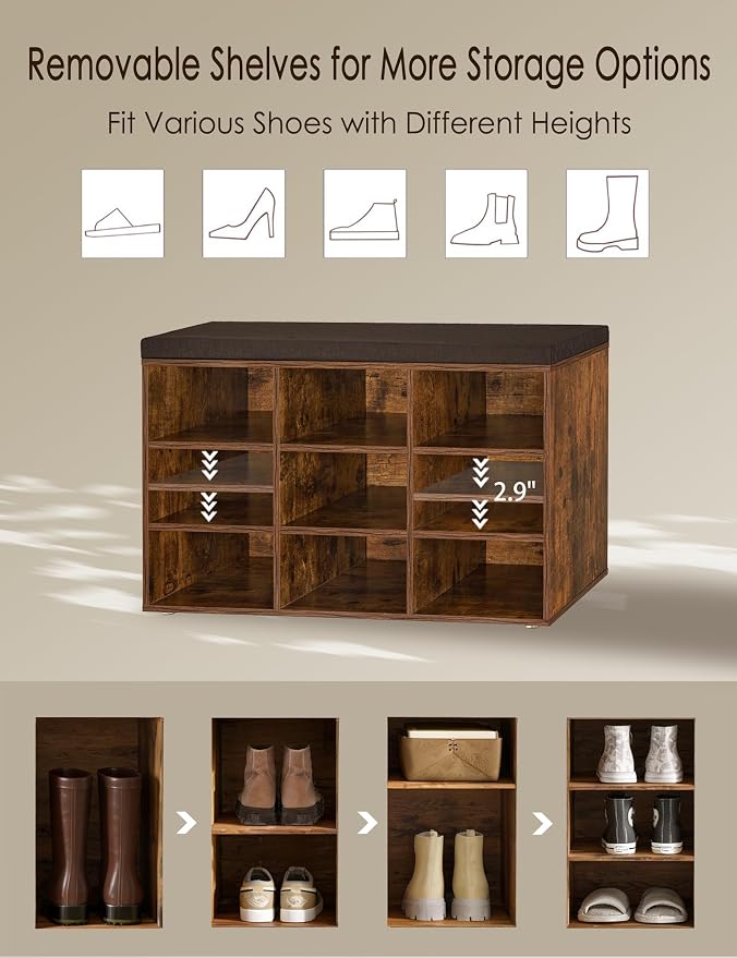 DINZI LVJ Shoe Storage Bench with Cushion, Cubby Rack with 9 Cubbies, Adjustable Shelves, Multifunctional Organizer Bench for Entryway, Mudroom, Hallway, Closet and Garage, Rustic Brown