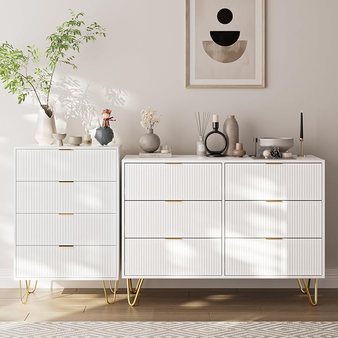 Masupu 4 Drawer Dresser, Drawer Chest, Tall Storage Chest Cabinet Organizer Unit with Metal Legs, Small Dresser for Bedroom, Living Room, Closet, Hallway White Stripe