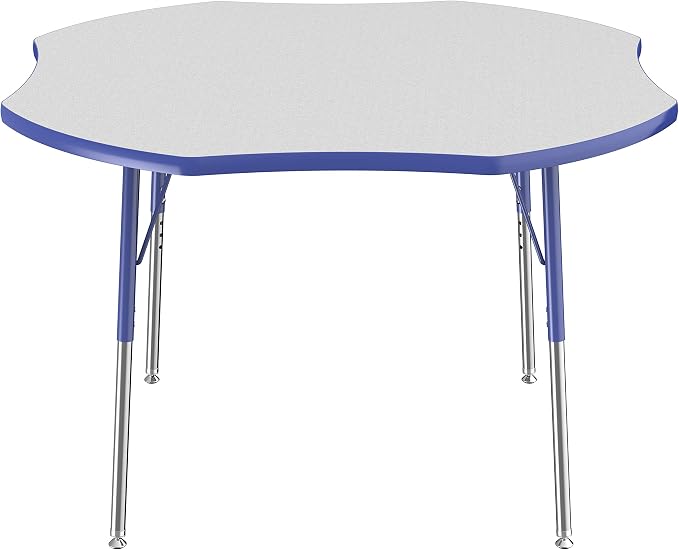 FDP Clover Activity School and Office Table (48 x 48 inch), Standard Legs with Swivel Glides for Collaborative Seating Environments, Adjustable Height 19-30 inches - Gray Top and Blue Edge