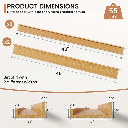 Fun Memories Picture Ledge Shelves Set of 4, 48 Inch Rustic Wall Mounted Floating Shelves with Lip for Home Storage and Décor in Bathroom, Kitchen, Nursery, Bedroom, Living Room, Oak