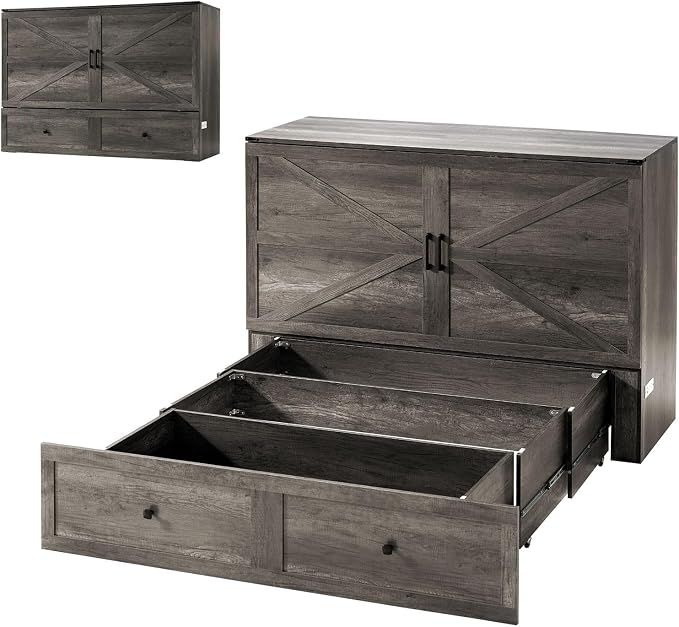 AMERLIFE Queen Murphy Bed with Storage & Charging Station, Farmhouse Murphy Cabinet with Foldable Panel, Noisy Free, for Living Room, Guest Bedroom, Office, Rustic Grey