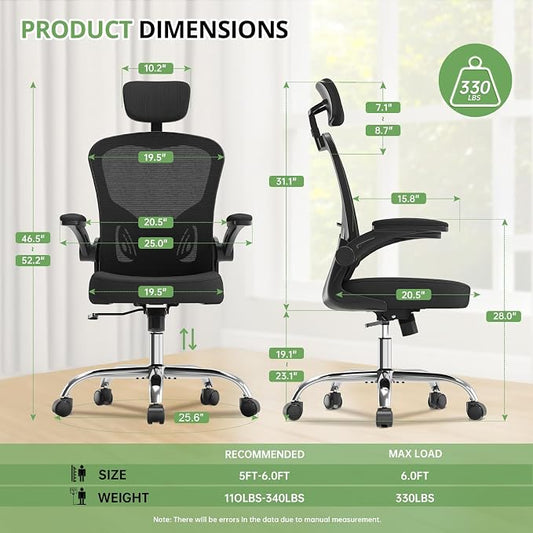 Office Chair, Ergonomic Desk Chair, 330LBS Capacity, High Back Computer Chair for Long Hours Comfortable, Rolling Swivel Executive Task Chair for Home Office with Flip-up Armrests