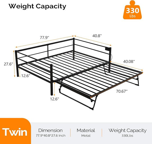 VINGLI Daybed with Trundle Bed Twin, Charging Station and LED Lights,Heavy Duty Metal Twin Daybed with Pop up Trundle for Living Room,Bedroom,Guest Room, No Box Spring Needed,Black