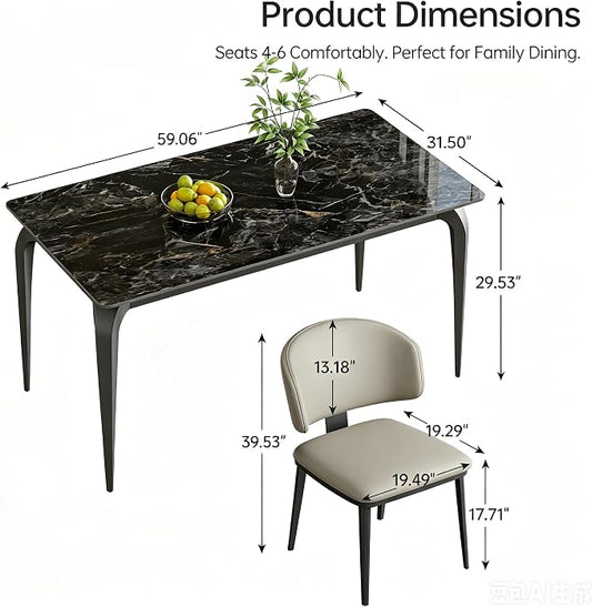 59" Black Rectangular Sintered Stone Dinner Table | Fits Modern and Farmhouse Style for Indoor,Outdoor,Kitchen,Apartment,Small Space,Picnic Use,Household Dinner Table
