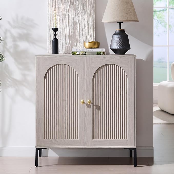 IFGET Modern Buffet Cabinet with Storage, 34" Tall Fluted Arched Sideboard Cabinet w/Adjustable Shelves, Wooden Modular Coffee Bar for Dining Room, Kitchen, Living Room, Entryway, Light Grey