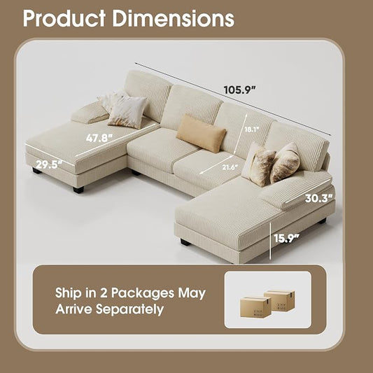 Furmax Sectional Couches for Living Room, U-Shaped Sofa Couch with Linen Fabric, 4 Seat Sofa Set with Double Chaise for Apartment (Corduroy, Beige)