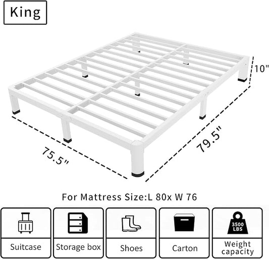 ROIL 10 Inch White King Bed Frame with Rounded Corner and Mattress Retainers, 3500LBS Heavy Duty Steel Slats No Box Spring Needed Platform Noise-Free Easy Assembly