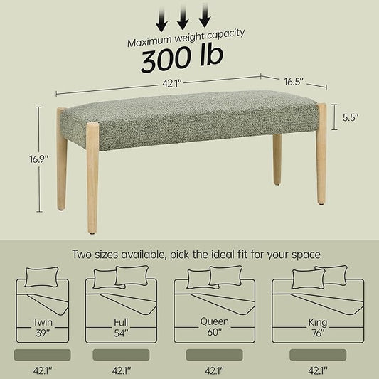 Usaint 42" End of Bed Bench, Modern Upholstered Bedroom Bench with Rubberwood Legs, Entryway Bench with Cushion, Dining Bench for Living Room, Bedroom, Green with Oak Leg