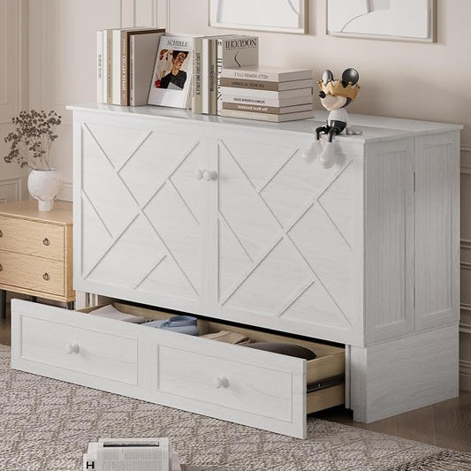 PUREMIND Queen Murphy Bed with Mattress Included, Murphy Cabinet Bed with Storage Drawer, Built-in Charging Station, Solid Wood Frame, Space-Saving Cabinet Beds for Small Spaces/Guest Room (White)