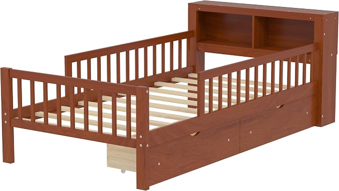 Kids Twin Size Bed Frame with Storage Drawers and Bookcase,Wood Twin Bed Frames for Kids,Twin Bed Frame with Headboard and Footboard for Boys Girls,No Box Spring Needed,Walnut