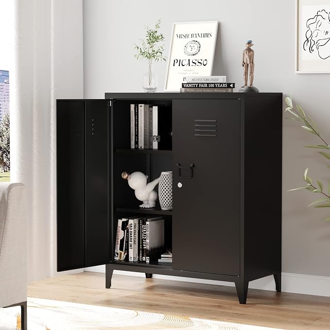 Metal Storage Cabinet with Lock, Locking Cabinets with 2 Doors and Shelves, Lockable Steel Locker Cupboard, Small Sideboard Buffet Cabinet for Home Office