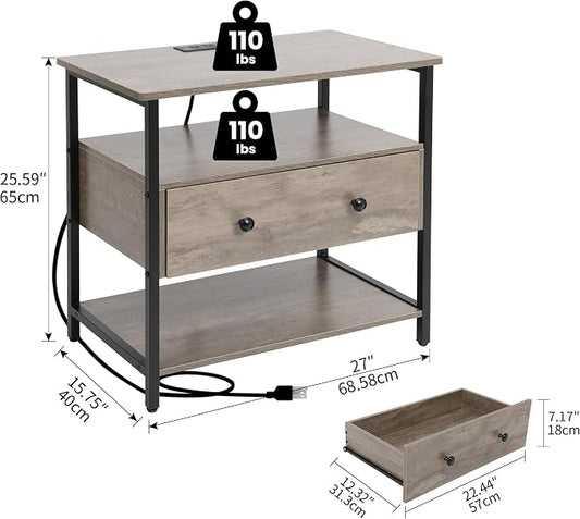 Edbuosy 27 Inch Wide Night Stand with Charging Station, Wood Nightstand with Open Shelf, Large Drawer Bedside Table for Living Room/Bedroom/Office, Rustic Gray