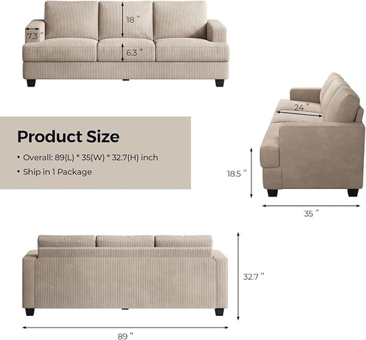 COPIAE 89 Inch Sofa with Extra Deep Seats Oversize, 3 Seater Sofa for Living Room, Modern Couch and Sofa, Comfy Armrests and Seats and Backrests, Easy Installation, Corduroy Fabric Apricot