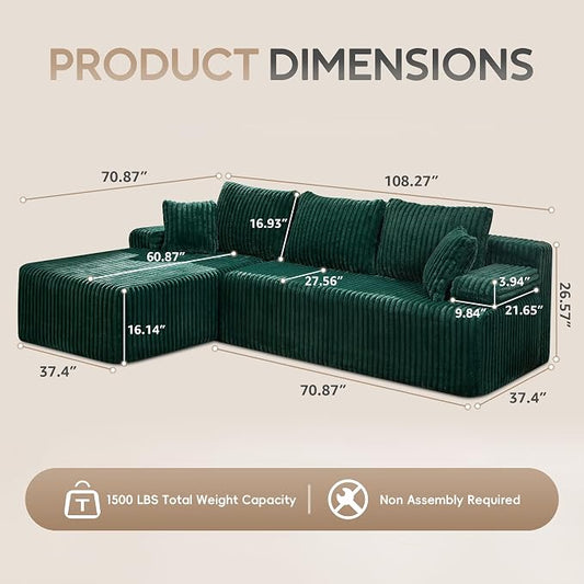 Hobestluk Boneless Couch Modular Sectional Sofa L-Shape Oversized Chaise | 108" Left Facing Chaise Green,Memory Foam,Removable Cover,Non-slip Bottom,No Assemble Required,Living Room Furniture