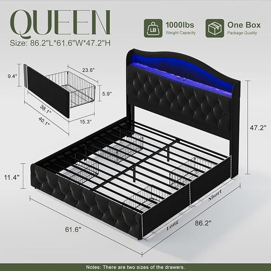 Queen Size Bed Frame and Headboard & 4 Storage Drawers, Upholstered Platform Bed Frame with RGB LED Lights & Charging Station, No Box Spring Needed, Easy Assembly, Noise-Free, Black